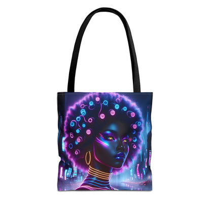 Neon Cyber Goddess Tote Bag | Afro Futuristic Glow Art Bag | Retro Sci-Fi Shoulder Tote