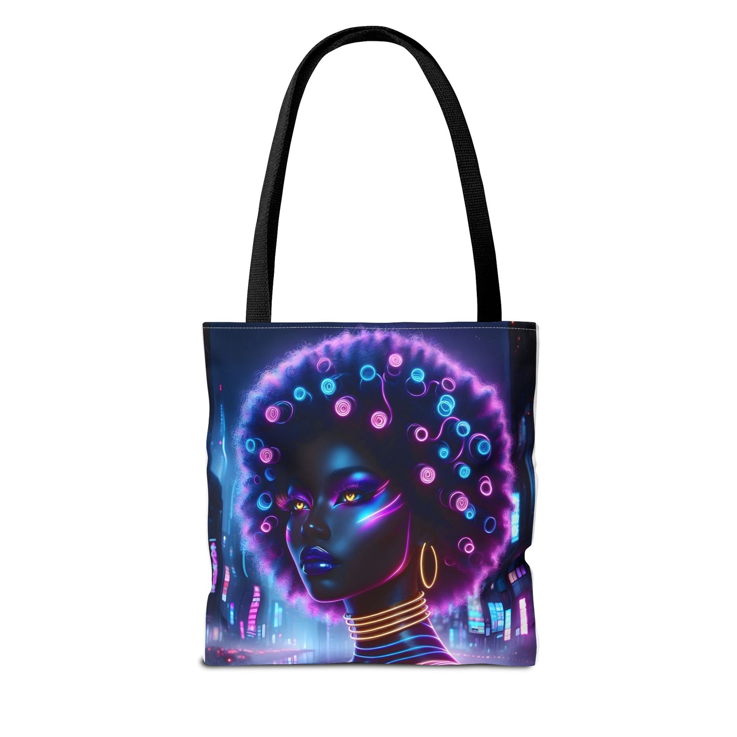 Neon Cyber Goddess Tote Bag | Afro Futuristic Glow Art Bag | Retro Sci-Fi Shoulder Tote