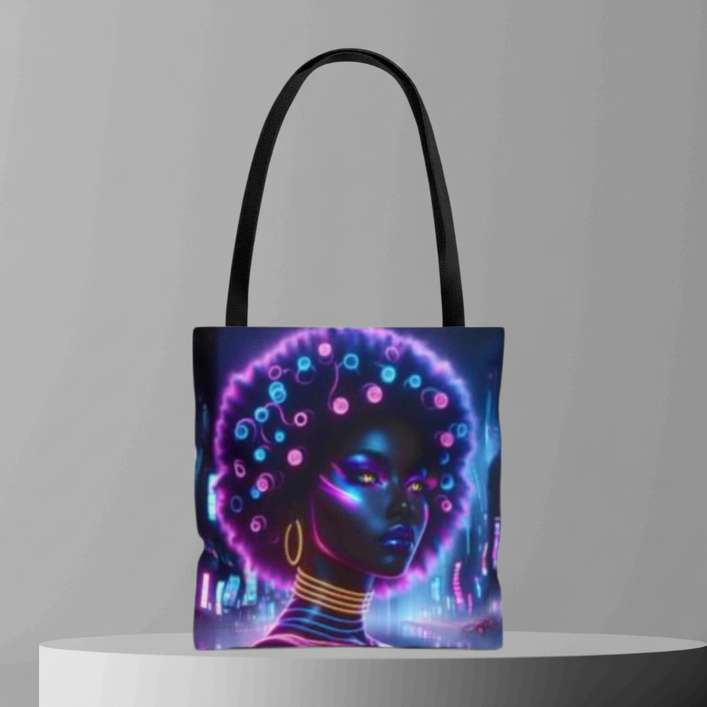 Neon Cyber Goddess Tote Bag | Afro Futuristic Glow Art Bag | Retro Sci-Fi Shoulder Tote
