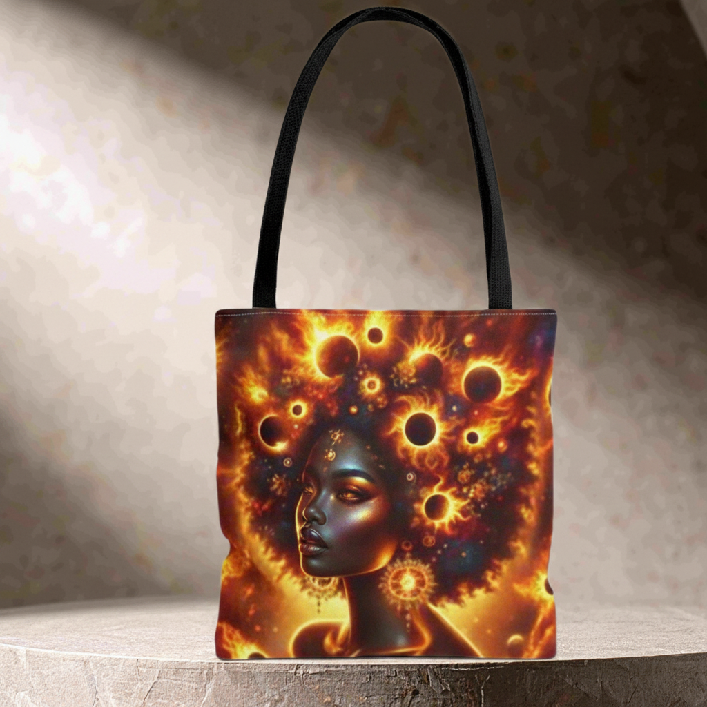 Solar Eclipse Goddess Tote Bag | Afro Cosmic Fantasy Art Tote | Celestial Sun Queen Shoulder Bag