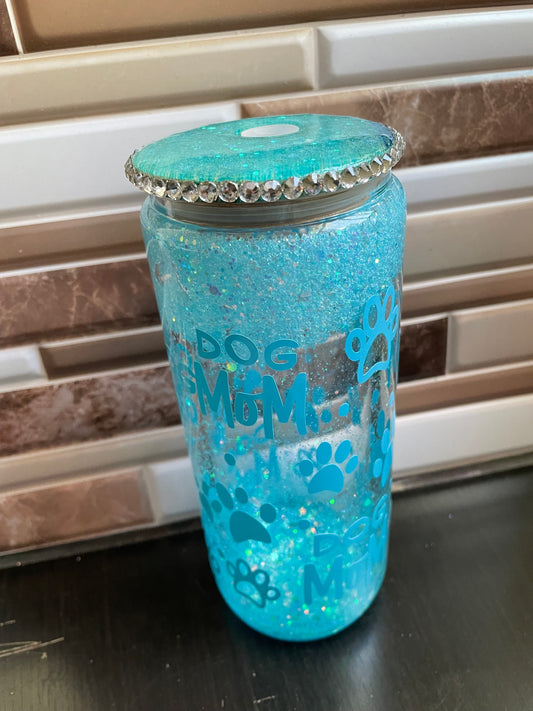 Dog Mom glass snow globe tumbler w/ rhinestone lid